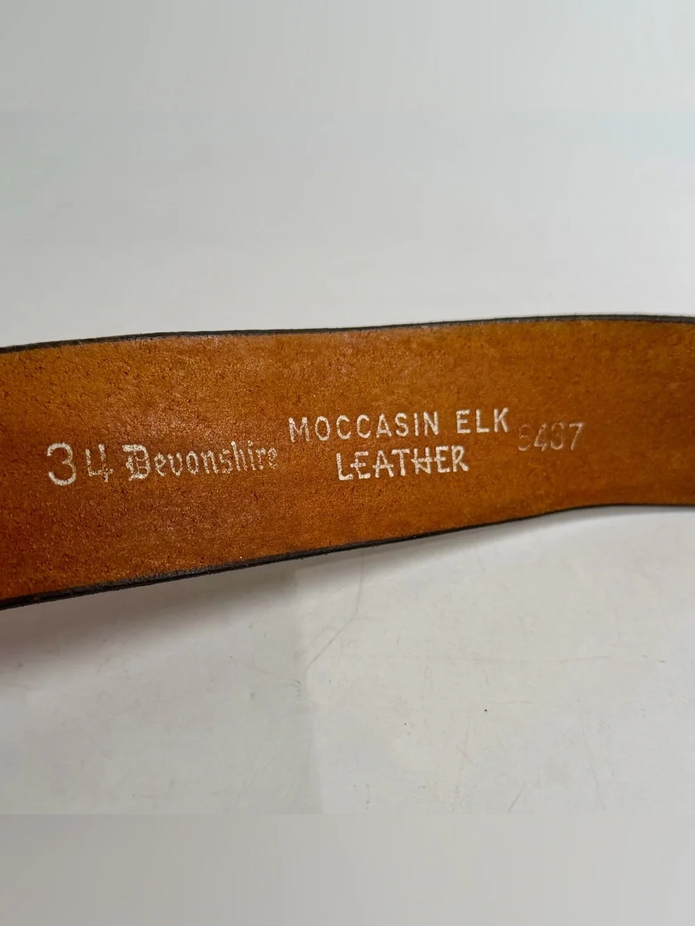 VTG Devonshire 34 1.5” Moccasin Elk Leather Belt Top Grain Silver Brass Buckle